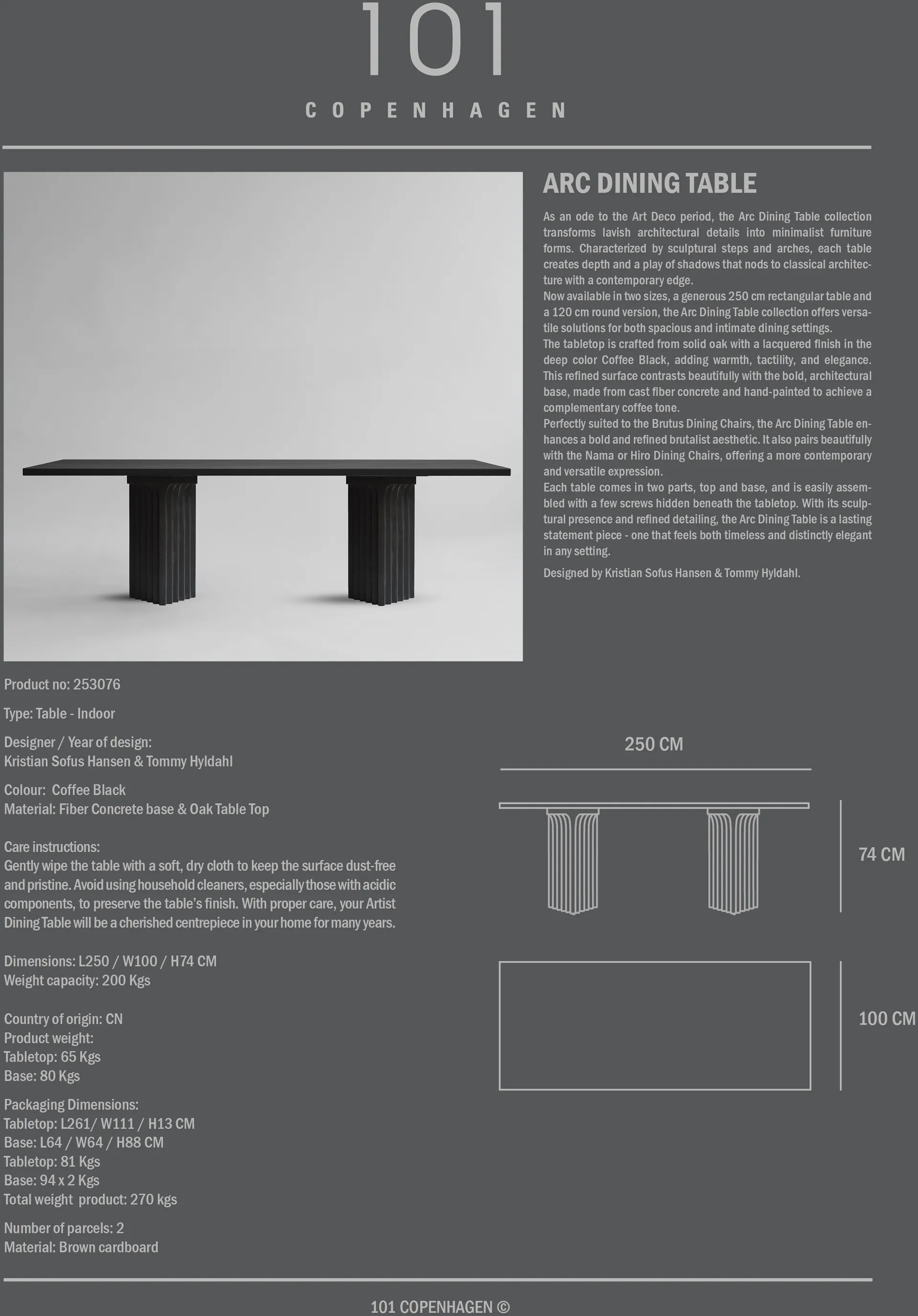 Arc matbord 95x250 cm, Coffee black oak 101 Copenhagen