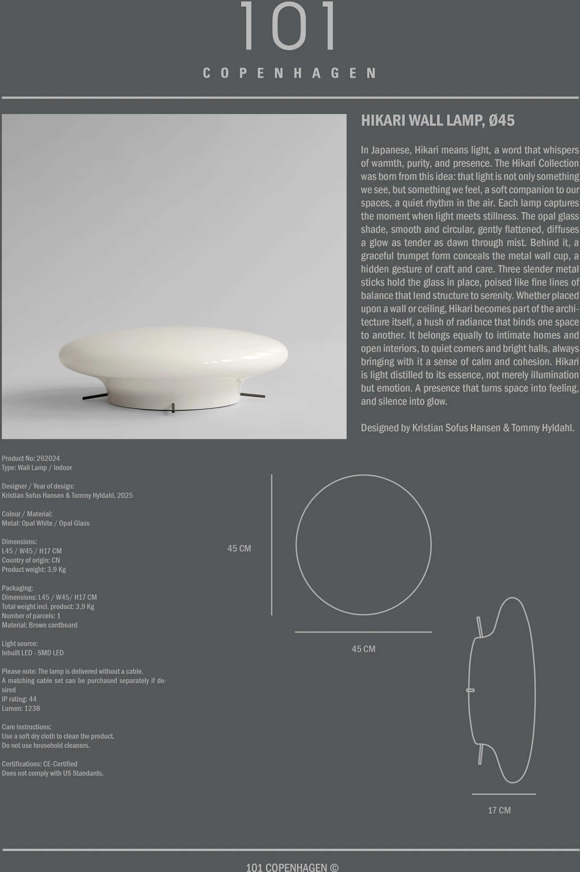 Hikari vägglampa, Opal White, Ø45 cm 101 Copenhagen
