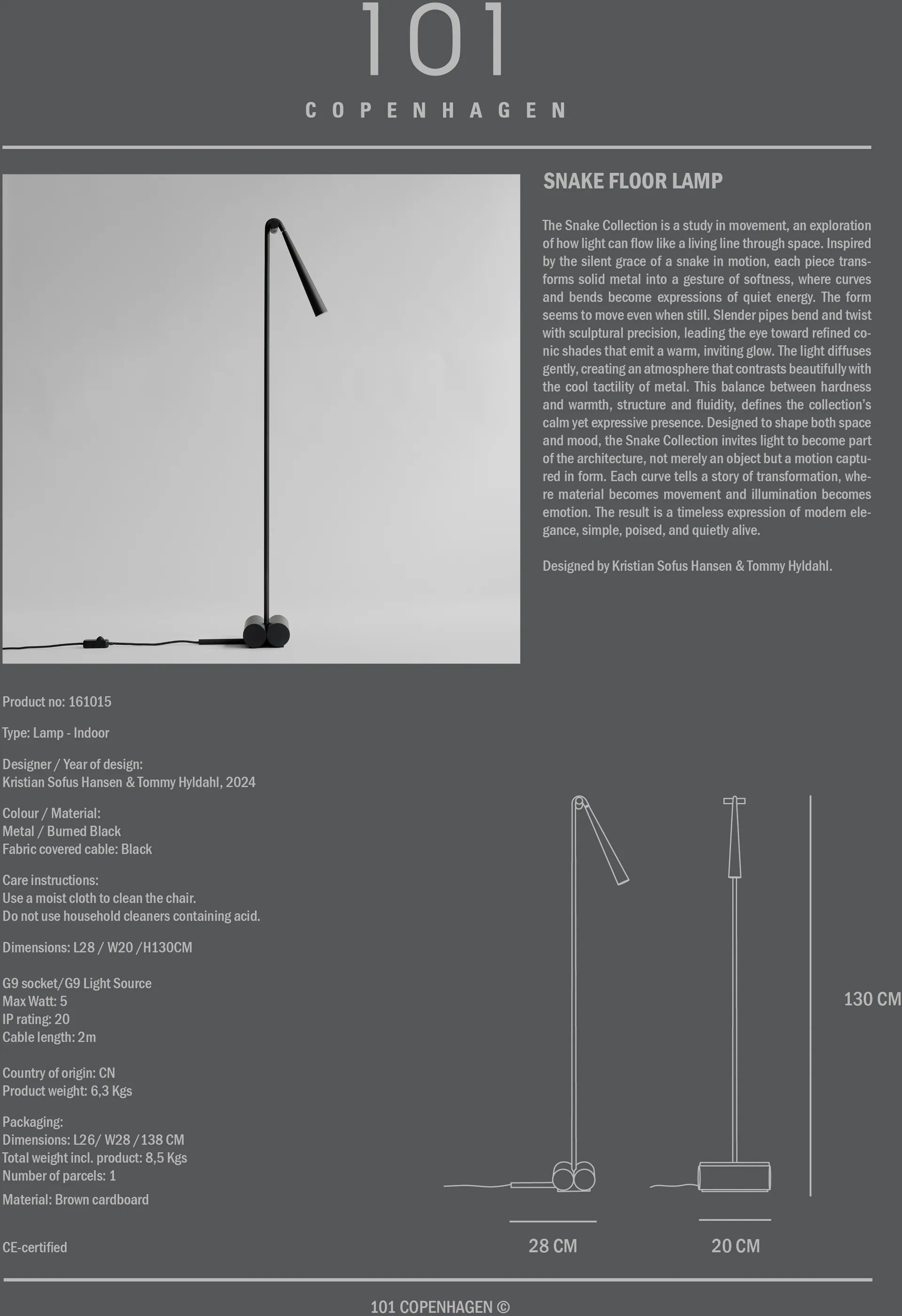 Snake golvlampa, Burned Black 101 Copenhagen