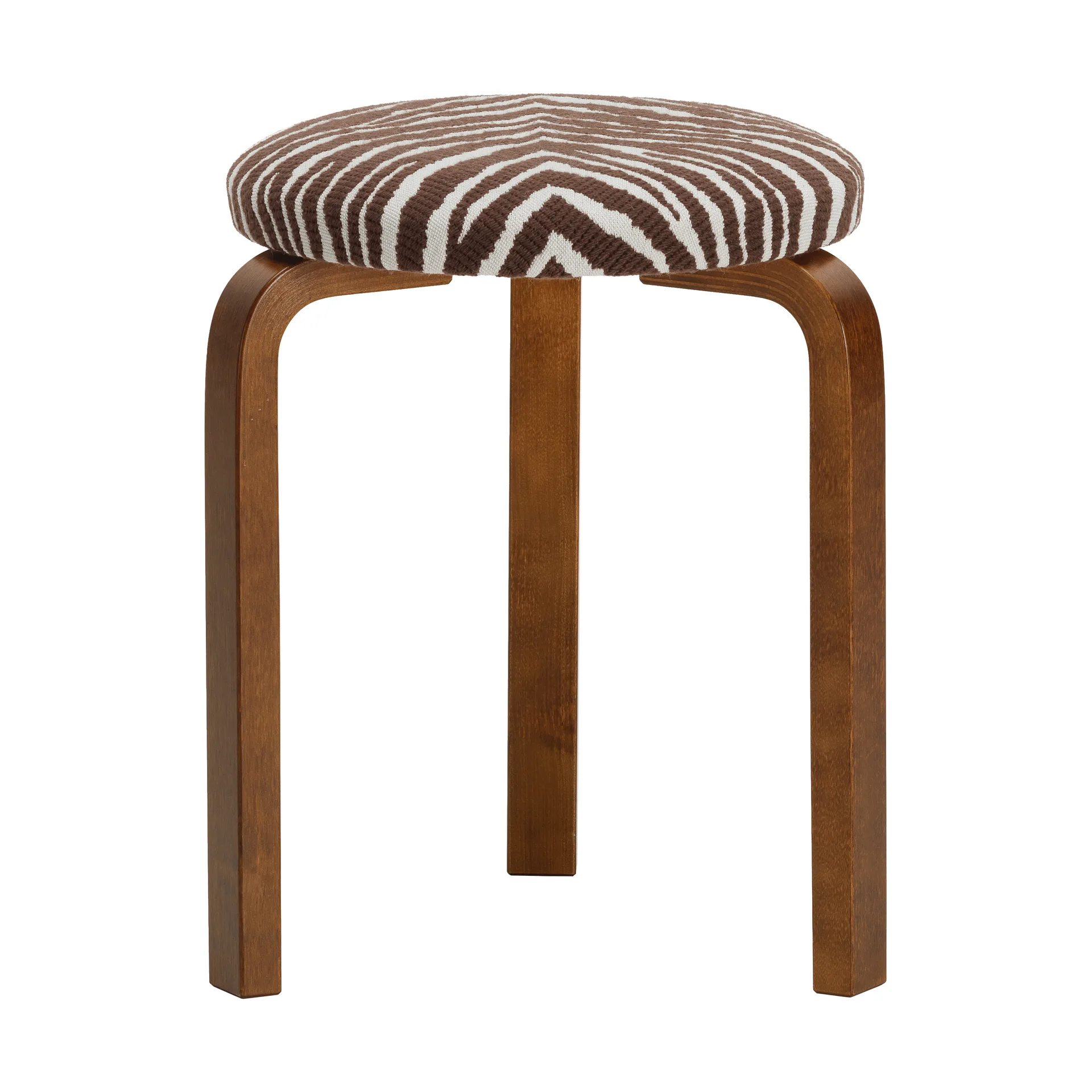 Stool 60 rund pall 3 st ben, Valnötsbetsad björk-tyg Zebra brun, Ø38x44 cm Artek