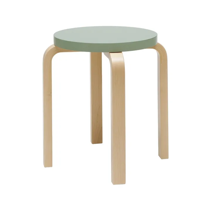 Stool E60 rund pall 4 st ben - Naturlackerad björk-Grön, Ø38x44 cm - Artek