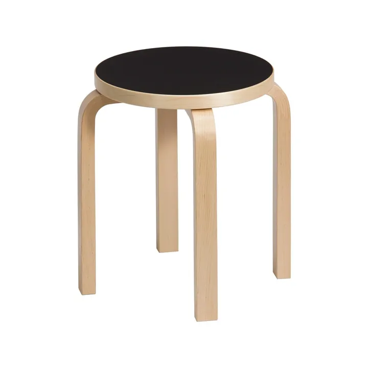 Stool E60 rund pall 4 st ben - Naturlackerad björk-Svart, Ø38x44 cm - Artek