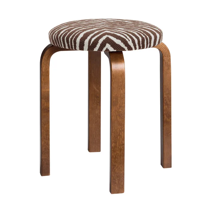 Stool E60 rund pall 4 st ben - Valnötsbetsad björk-tyg Zebra brun, Ø38x44 cm - Artek