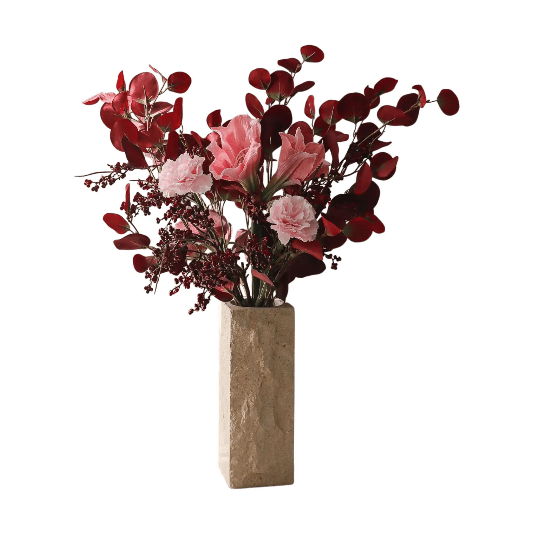 Burgundy blush konstgjord bukett, Amaryllis, nejlika, bärkvistar, eukalyptus, 84 cm Botané