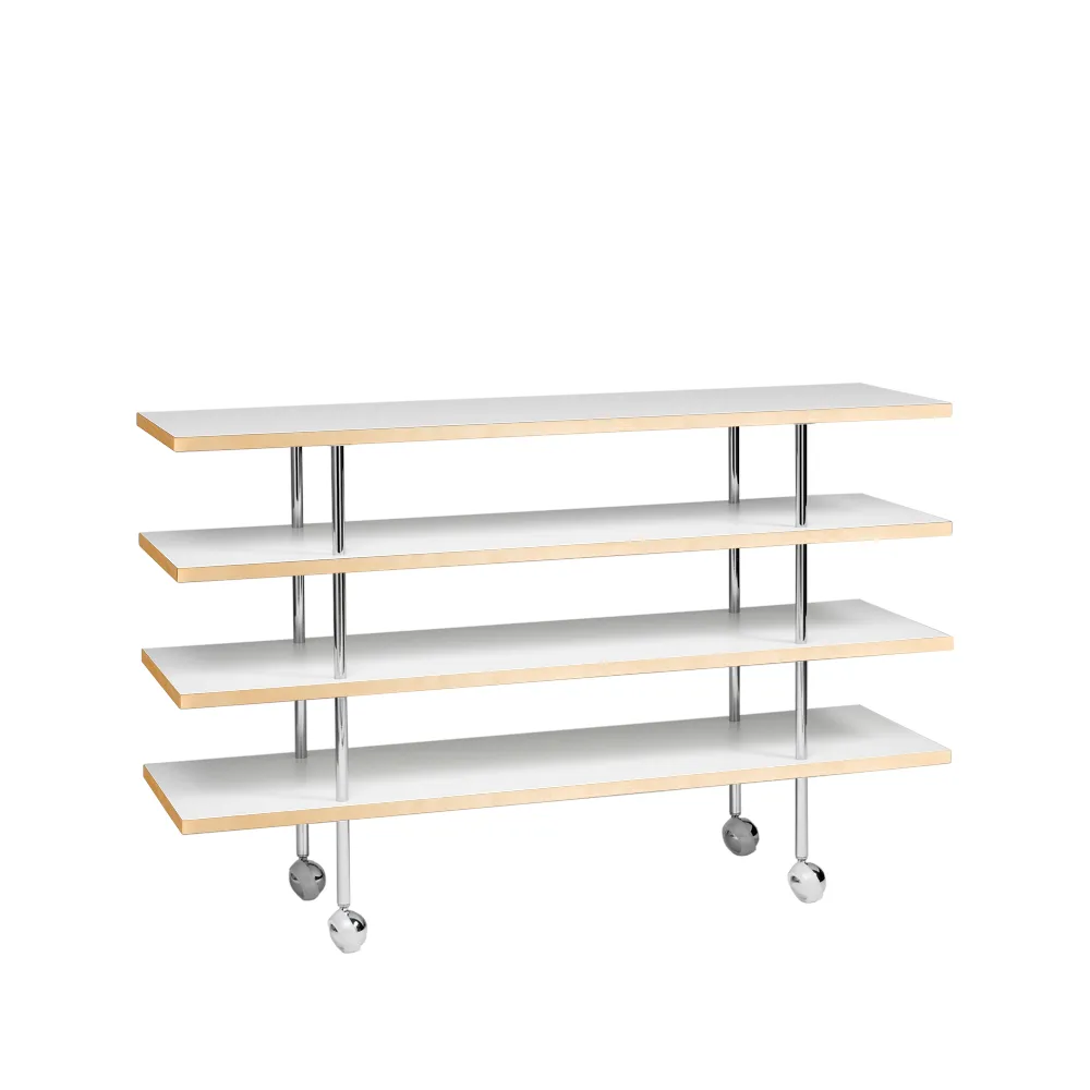 Mi 1150 avlastningsbord med hjul, vit laminat-naturkant-krom Bruno Mathsson International