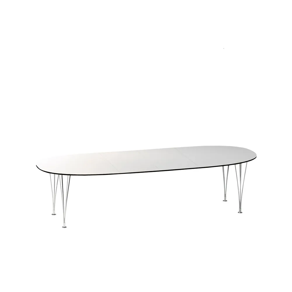 Mi 304-50 Superellips matbord 200x100 cm, vit, 200x100cm, svart kant, kromben, 2 ilägg Bruno Mathsson International