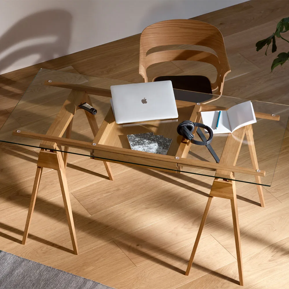 Arco skrivbord, ek klarlack, inkl. låda, glasskiva Design House Stockholm