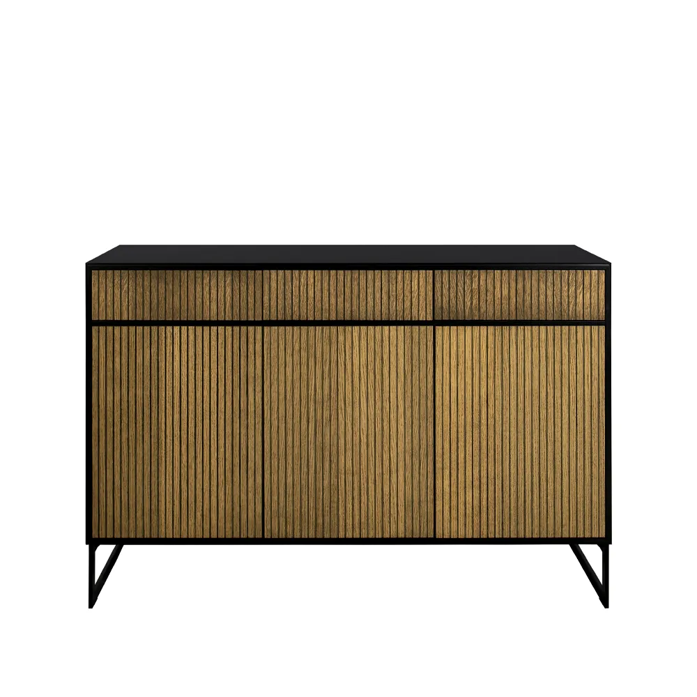 Line Hög skänk, walnut/black, 3dörrar+3lådor+1+1hylla, svarta metallben Englesson