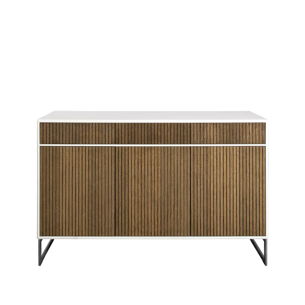 Line Hög skänk, walnut/white, 3dörrar+3lådor+1+1hylla, kromben Englesson