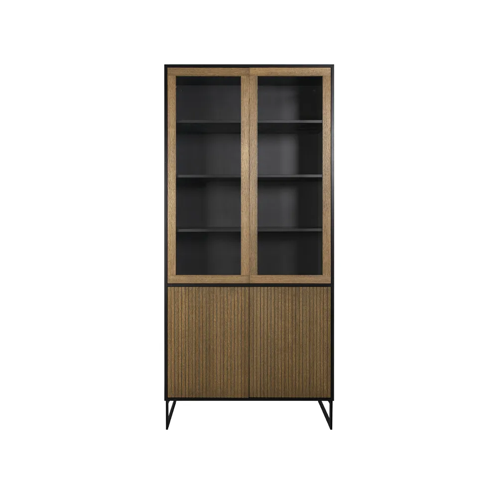 Line vitrinskåp, Walnut/black, 2+2dörrar+3+1hyllor, svarta metallben Englesson