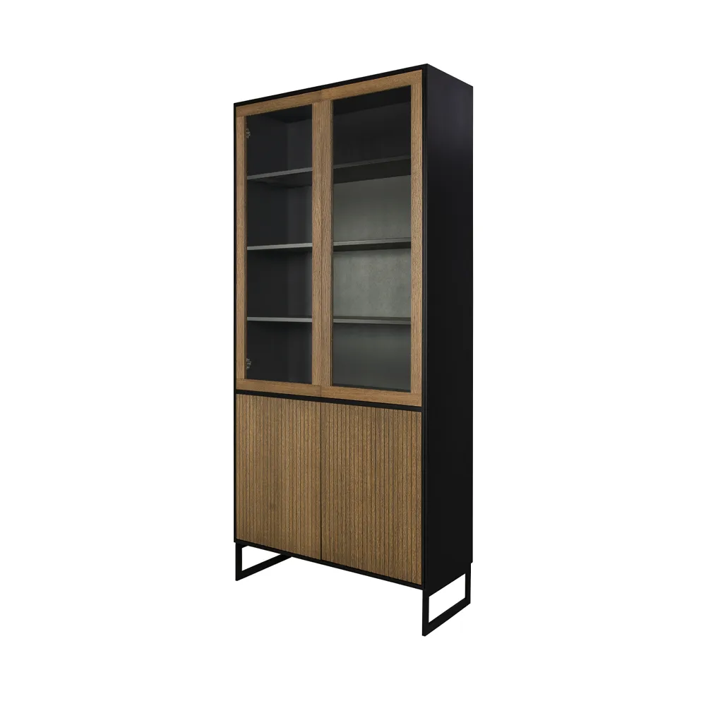 Line vitrinskåp, Walnut/black, 2+2dörrar+3+1hyllor, svarta metallben Englesson