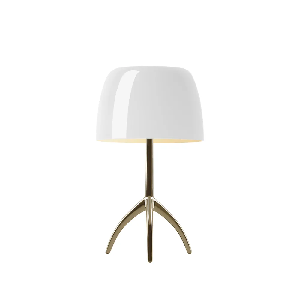 Lumiere Piccola Dimbar bordslampa, Vit skärm-champagnefärgad fot Foscarini