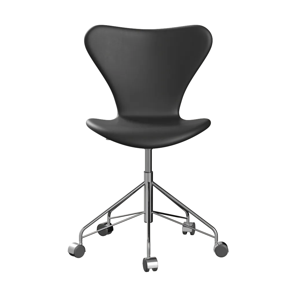 Sjuan 3117 helklädd kontorsstol mjuka hjul, Essential black leather-chrome Fritz Hansen