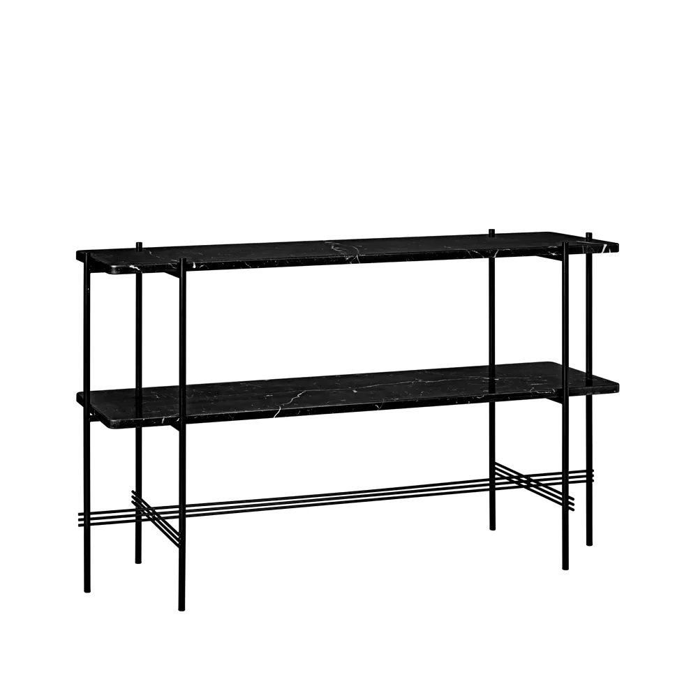 TS Console avlastningsbord 120x30x72 cm, black marquina marble-svart stativ-2 marmorhyllor GUBI