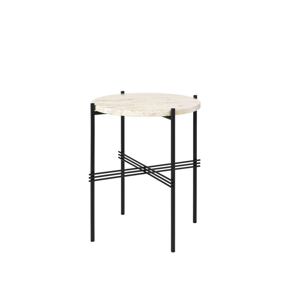 TS Round sidobord, natural white travertine, ø40, svart stativ GUBI