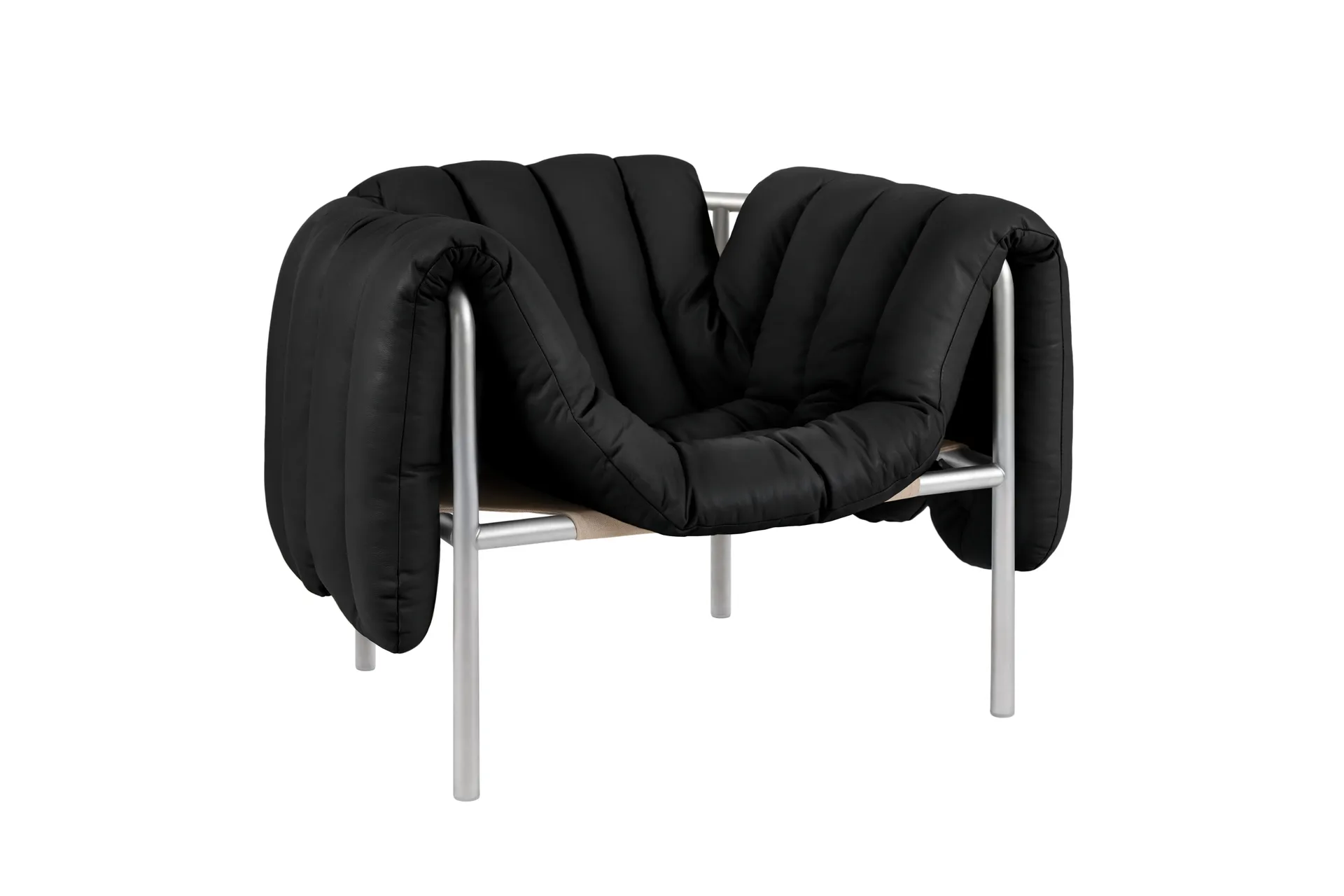 Puffy loungefåtölj, Black leather-rostfritt stål Hem