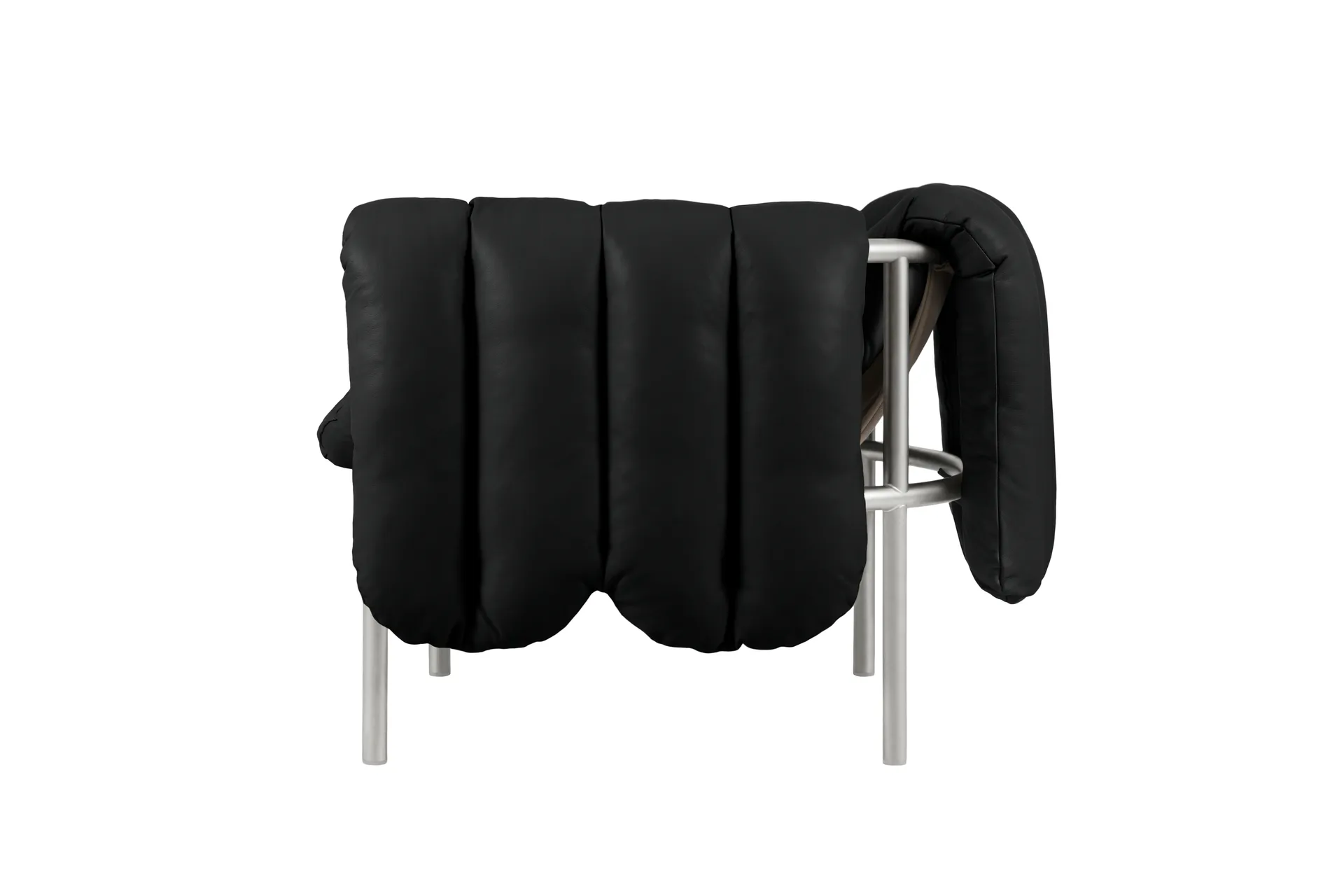 Puffy loungefåtölj, Black leather-rostfritt stål Hem