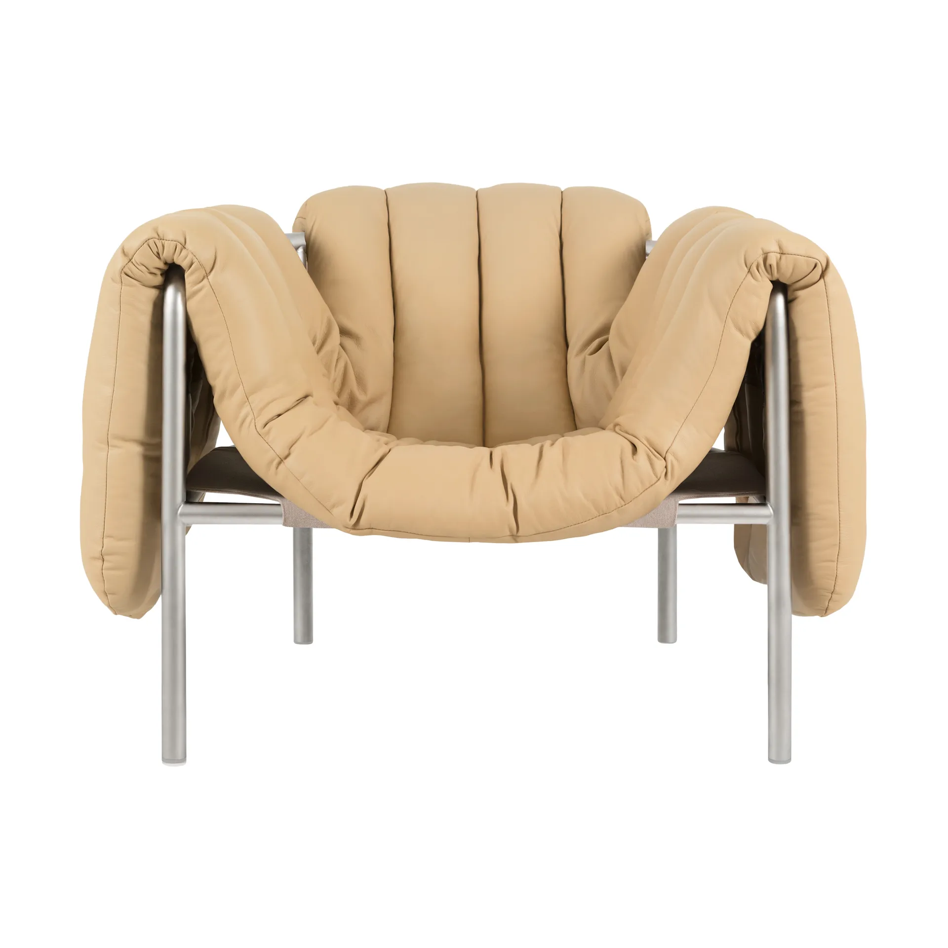 Puffy loungefåtölj, Sand leather-rostfritt stål Hem