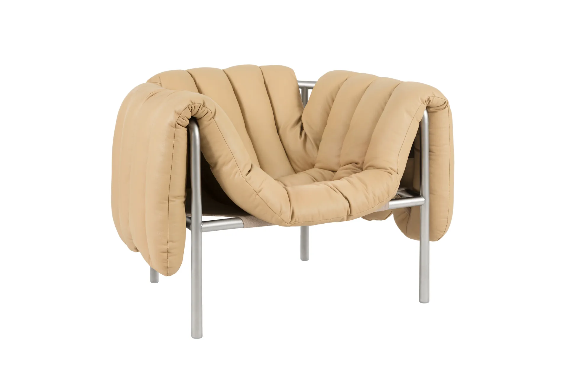 Puffy loungefåtölj, Sand leather-rostfritt stål Hem