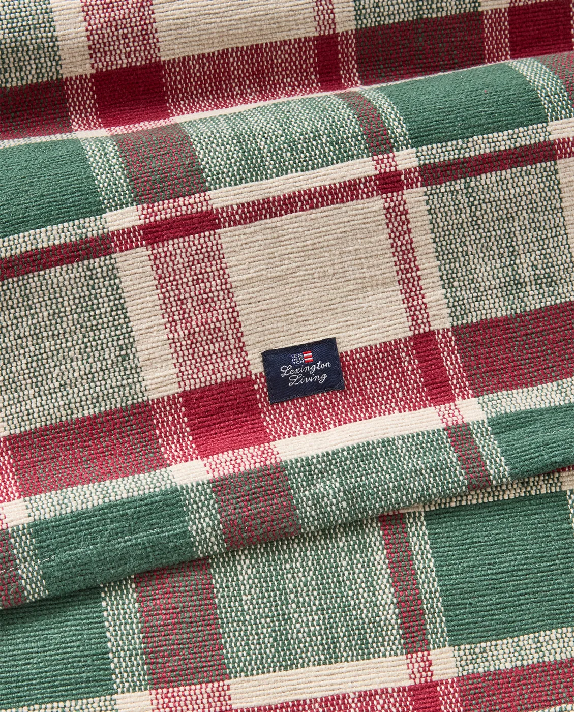 Checked ekologisk bomull löpare, Green-red-beige, 50x150 cm Lexington