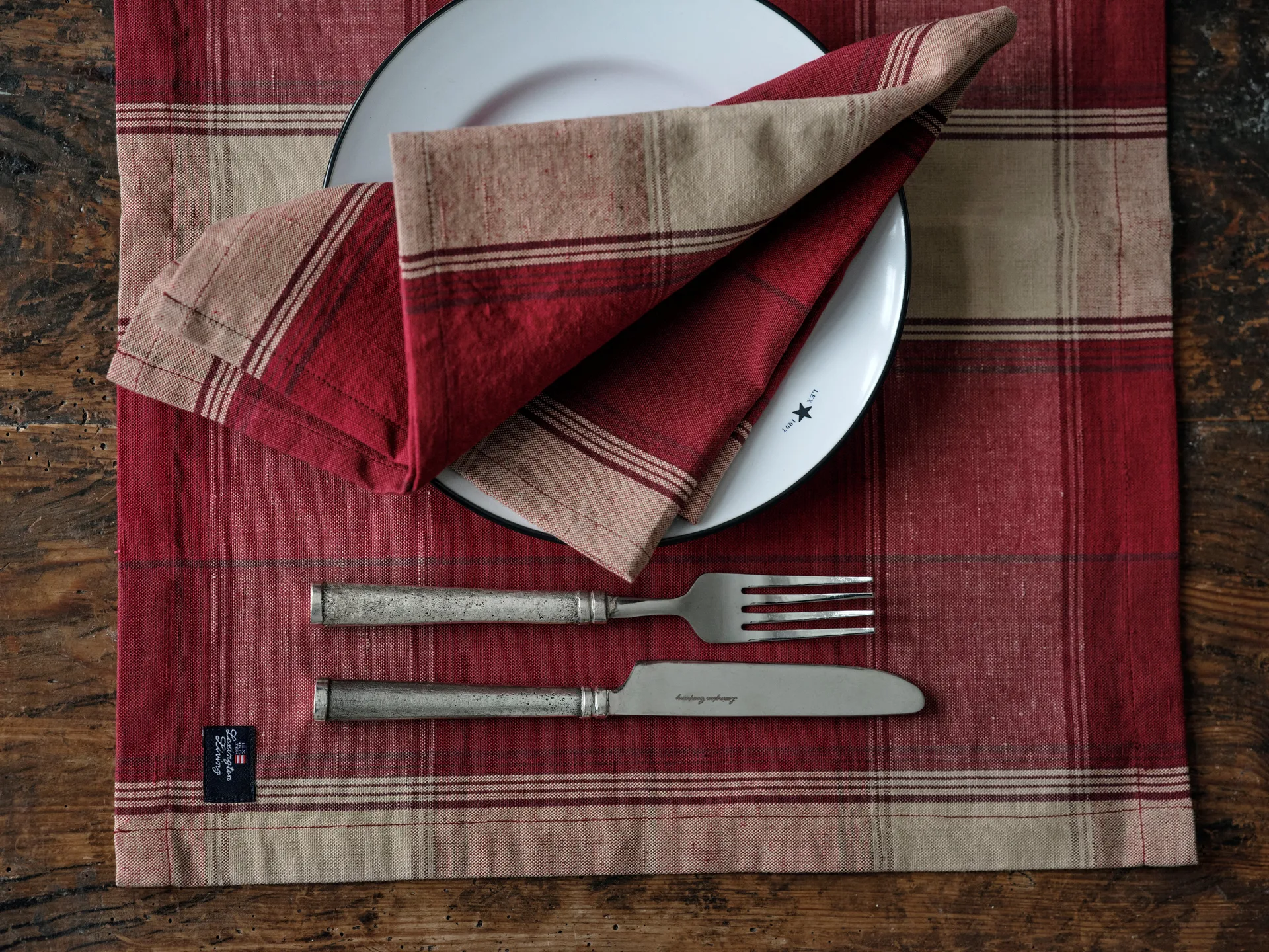 Checked linen-cotton servett 50x50 cm, Röd-beige Lexington