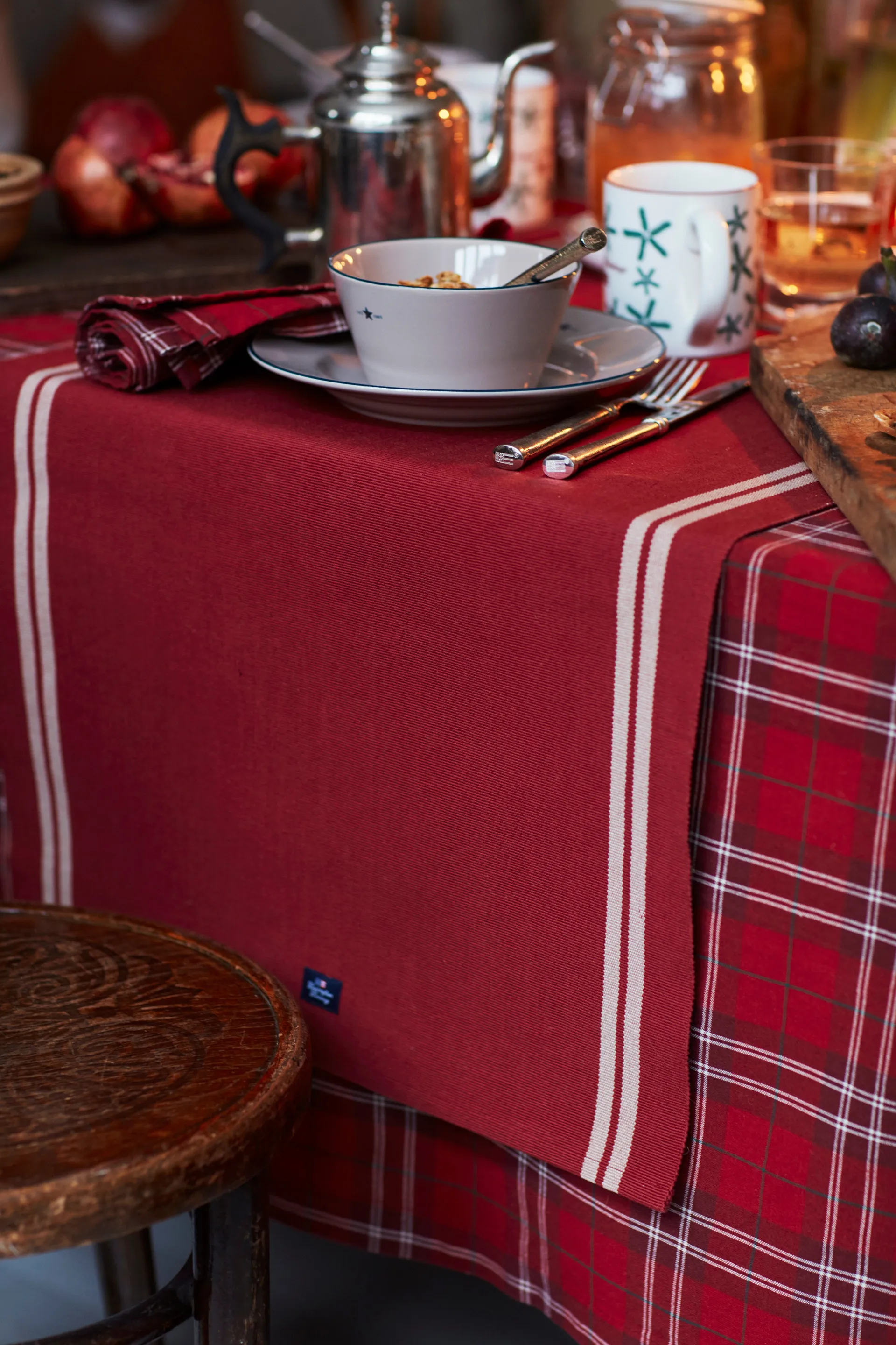 Checked Organic Cotton Oxford bordsduk 150x350 cm, Red-beige-green Lexington