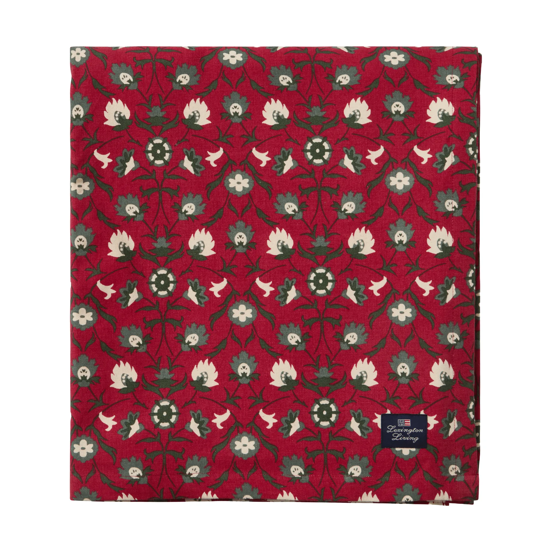 Flower printed ekologisk bomull bordsduk, Red-beige-green, 150x350 cm Lexington