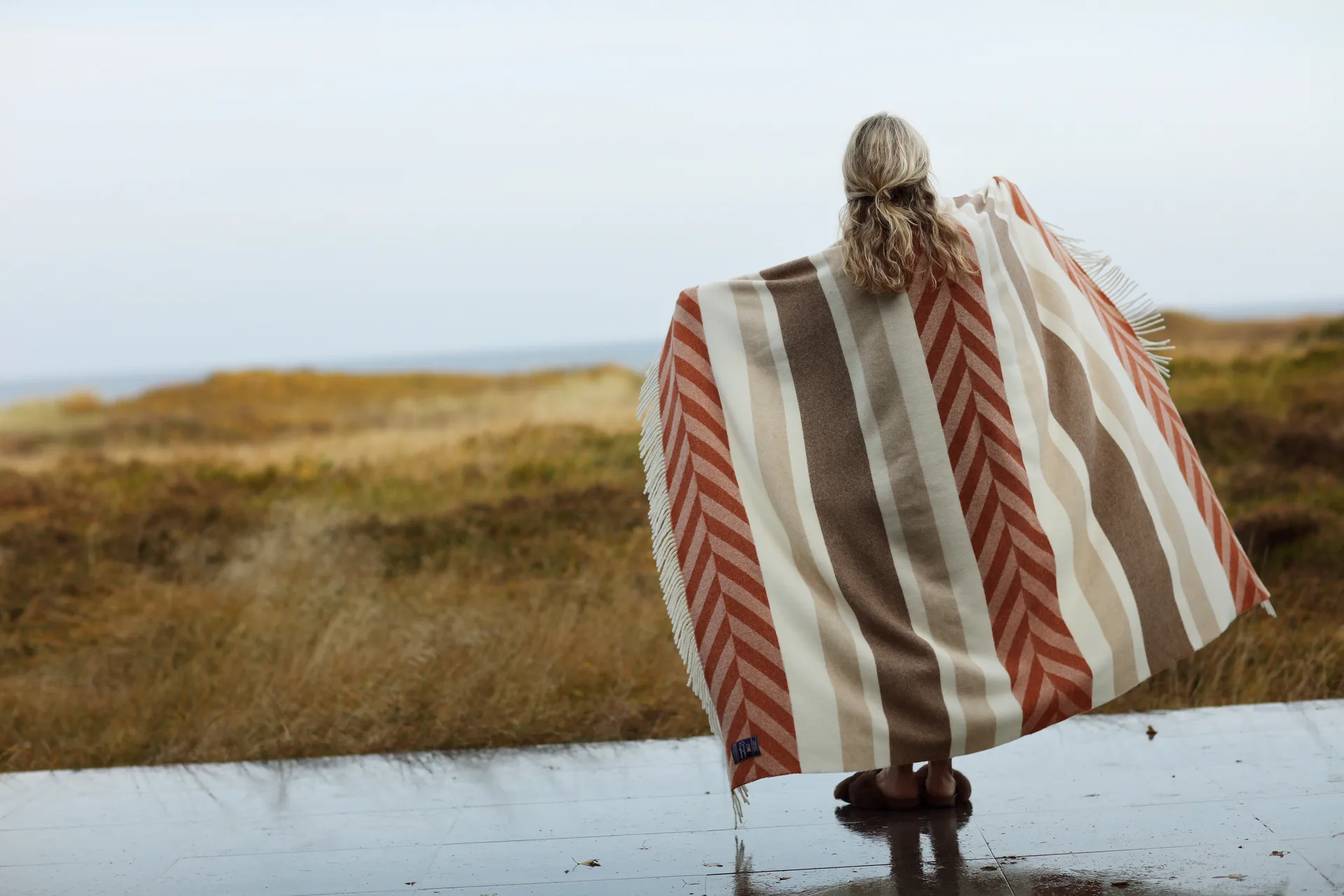 Herringbone Striped Recycled Wool pläd 130x170 cm, Copper-brown Lexington
