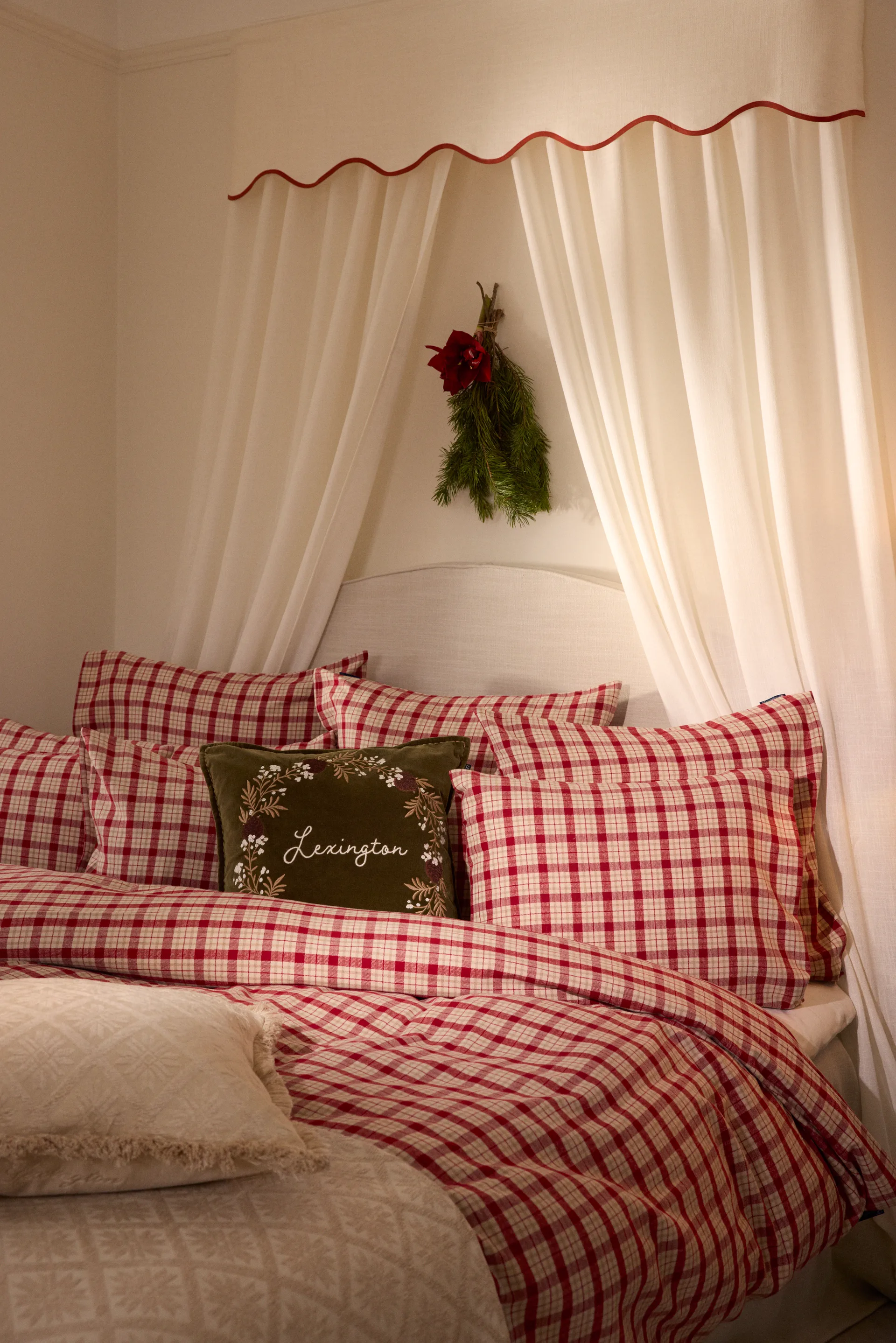 Red-beige Checked bomull flanell bäddset 2 delar, 50x60 cm, 150x210 cm Lexington