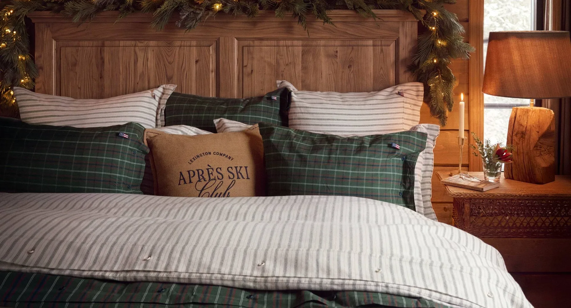 Stripe cotton flannel bäddset, White-green-beige, 2 st 50x60 cm/1 st 220x220 cm Lexington