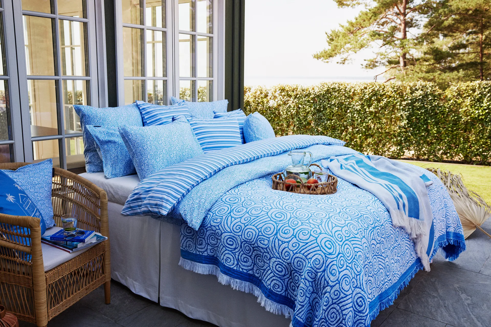Wave Printed Cotton Sateen bäddset, White-Blue, 2 örngott Lexington