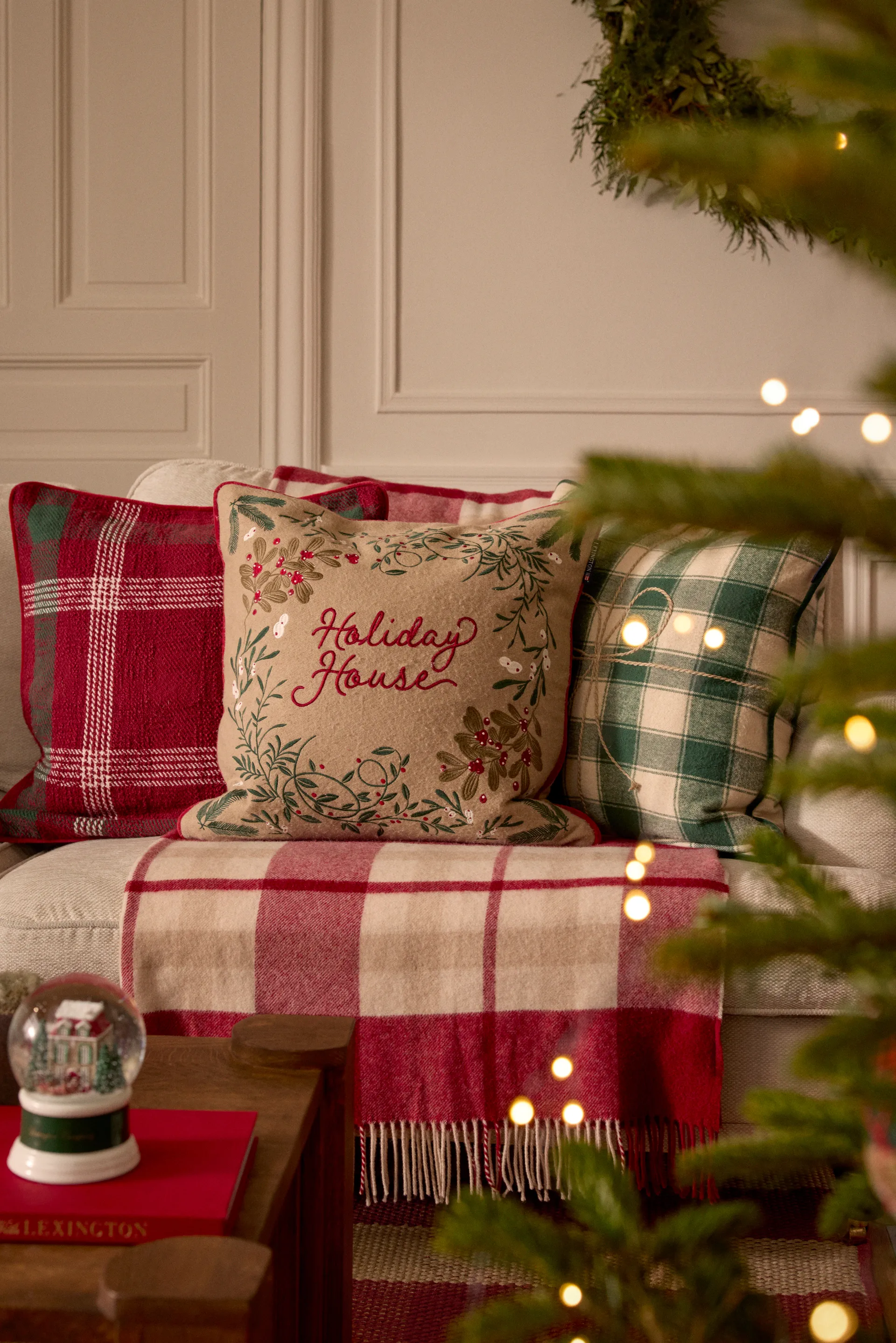 Wrapped checked eko. flannel kuddfodral 50x50 cm, Light beige-green Lexington