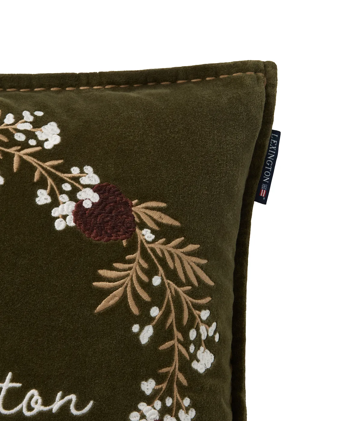 Wreath ekologisk bomullssammet kuddfodral 50x50 cm, Olive-brown-white Lexington