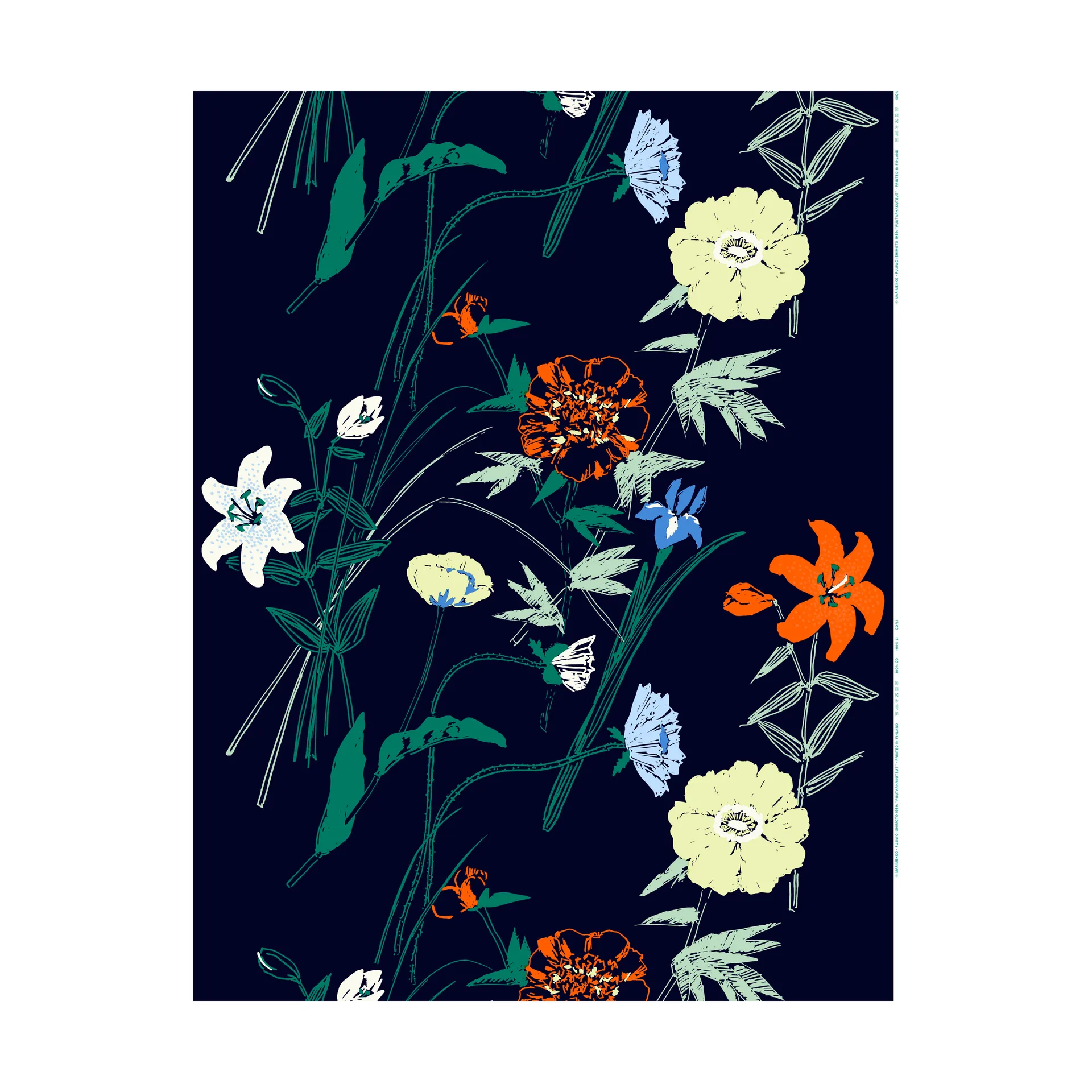 Puutarhakutsut bomullstyg, Navy-green-sitrone-orange Marimekko