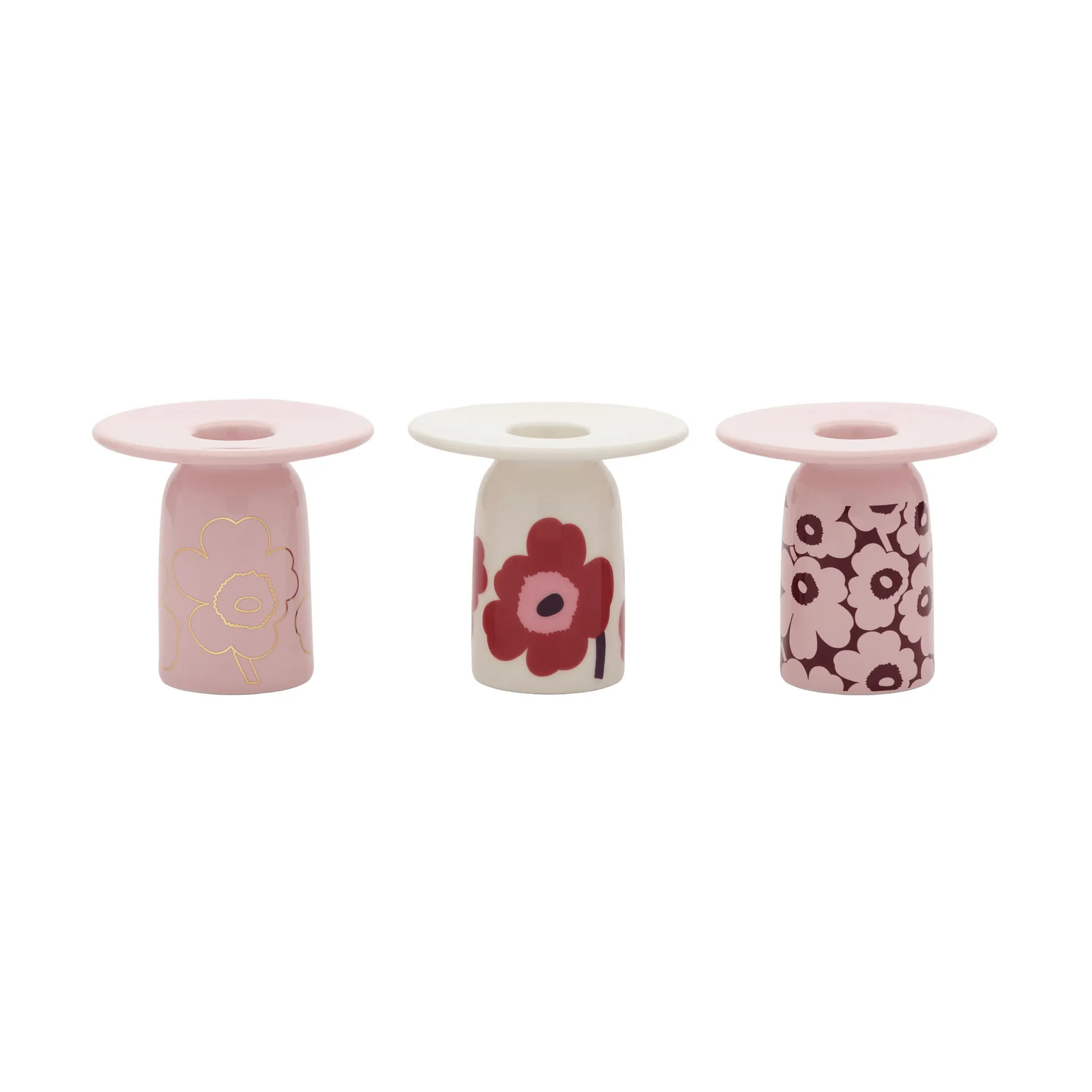 Unikko ljusstake, Pink-white-burgundy-gold, 3-delar Marimekko