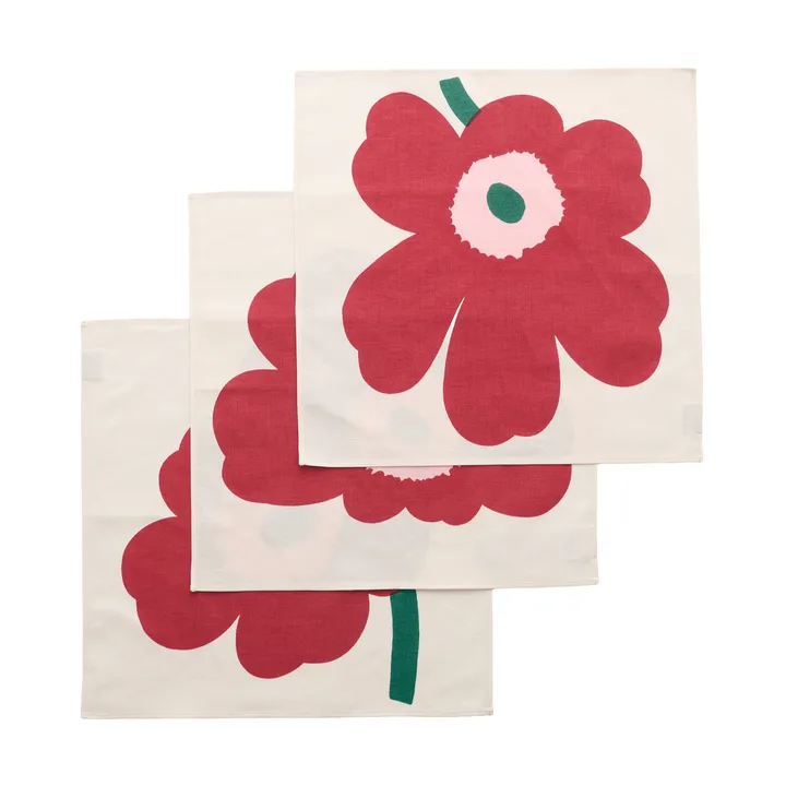 Unikko tygservett - Off white-cranberry-rose, 45x45 cm, 3-pack - Marimekko