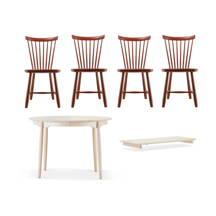 Carl matbord Ø115 & Ilägg + Lilla Åland stol 4-pack – Ljus björk-faluröd - Stolab