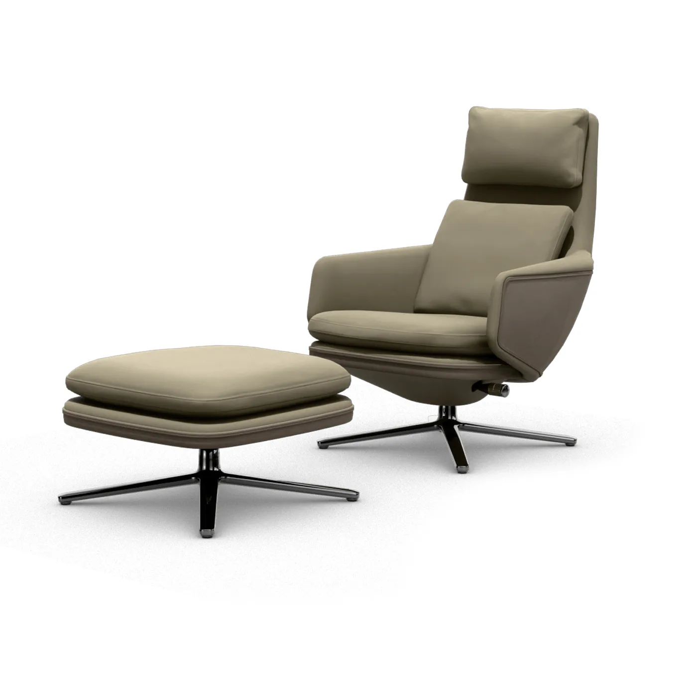 Grand Relax fåtölj + fotpall Leather premium F 71 sand-aluminium Vitra