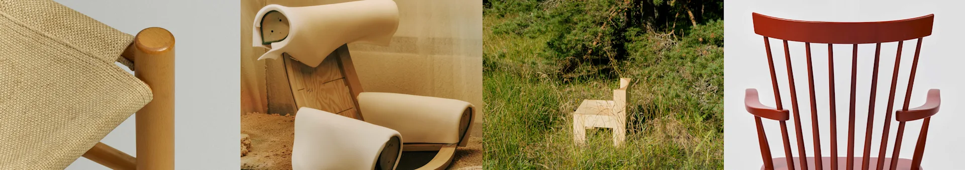 Fyra bilder på stolar: vävd sitsdetalj, ofärdig stol med beige stoppning, minimalistisk trästol i gräs, och baksidan av en röd stol med spjälor.