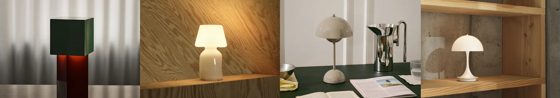 Fyra olika bordslampor: en mörkgrön pelare, en beige timglas, och två svampformade lampor, visade i olika interiörer.