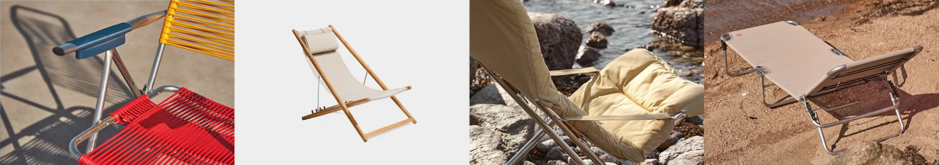 Fyra utomhusstolar: två med färgade snören, en beige tygstol med träram, och två beige vadderade solsängar.