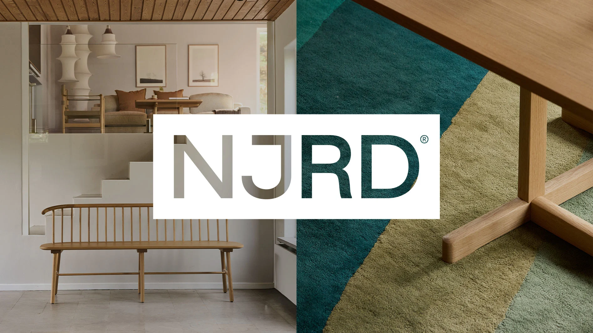 "NJRD" logotyp över en mysig vardagsrumsinredning med brun filt på soffa, soffbord med vas och kopp, och mörk, mönstrad matta.