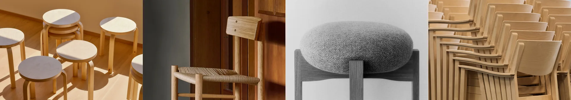 Olika trämöbler: staplade pallar, en flätad stol, en texturerad kudde och staplade stolar.