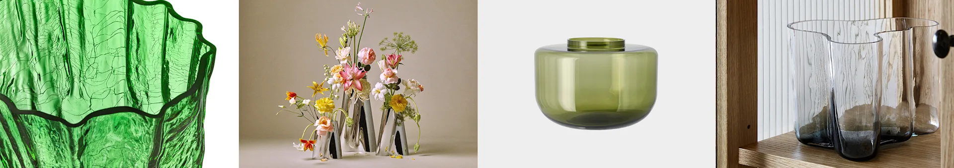 Fyra vaser: en grön med skrynklig textur, tre silverfärgade med blommor, en rund olivfärgad och en klar vågig glasvas.